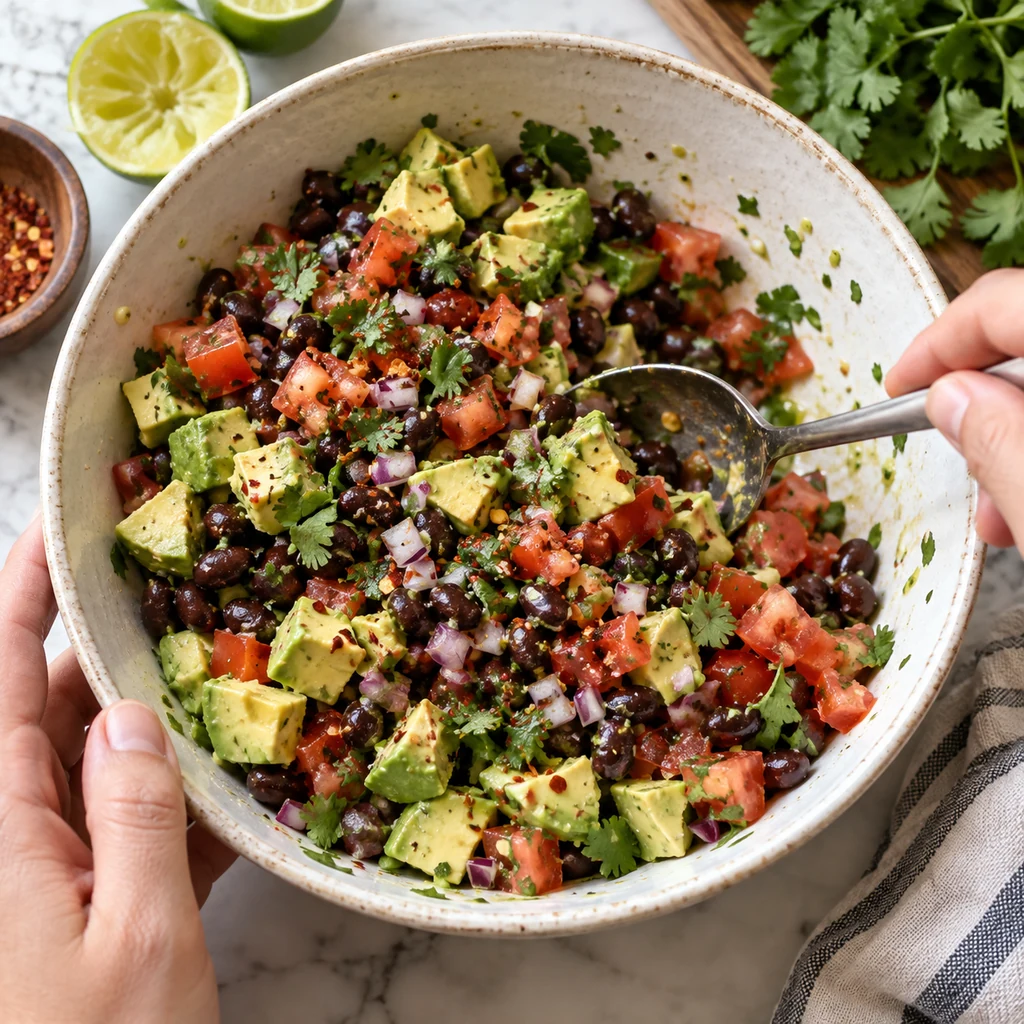 Diced avocado, black beans, tomato, and red onion being mixed with lime