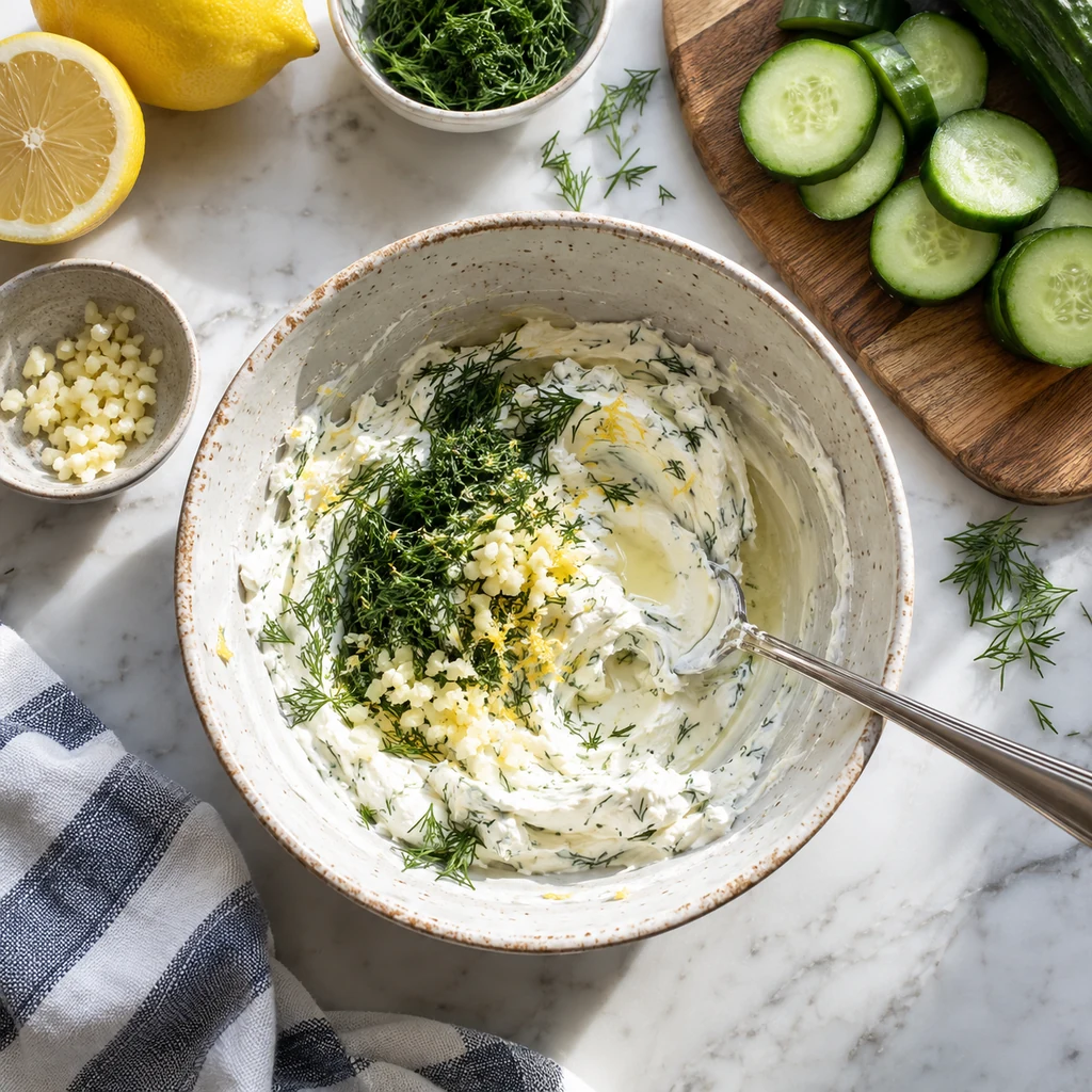 Cream cheese being stirred with chopped dill, minced garlic, and lemon
