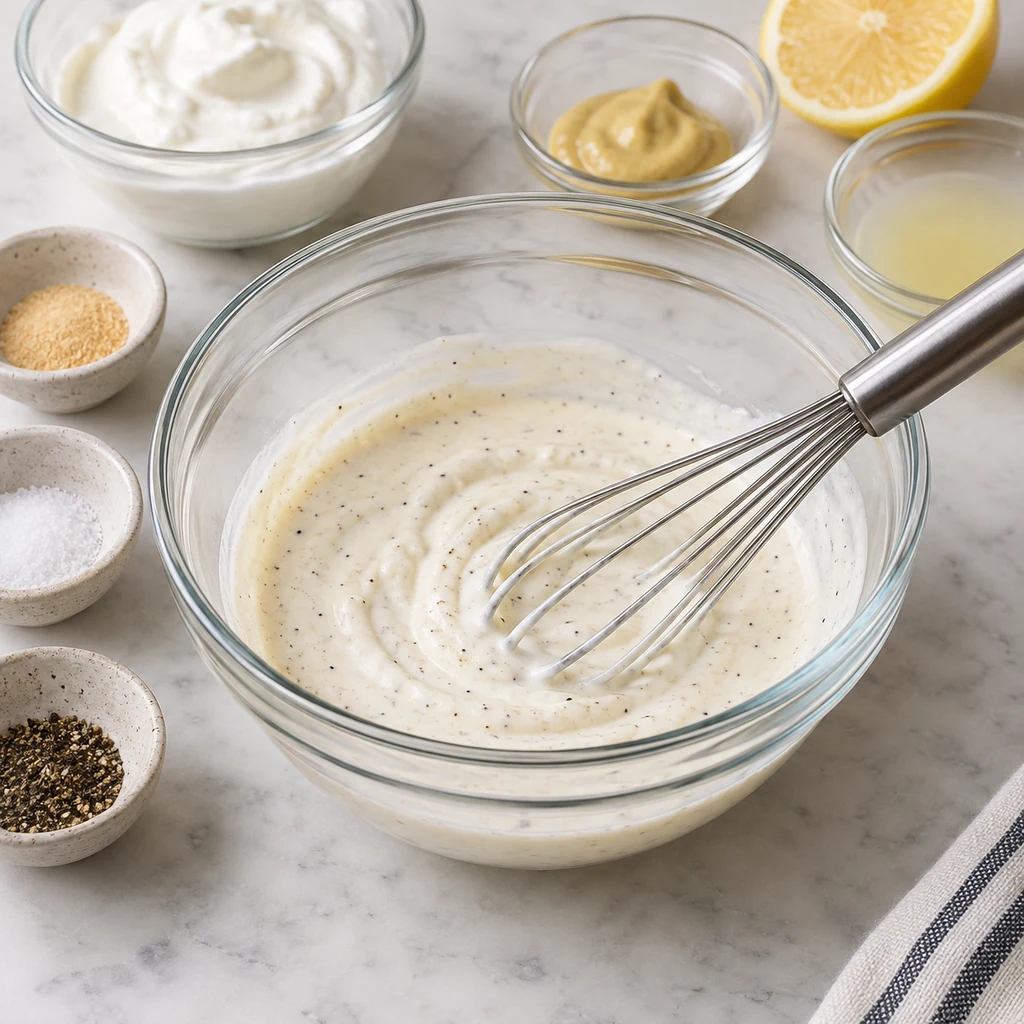 Greek yogurt dressing whisked with Dijon, lemon and seasonings