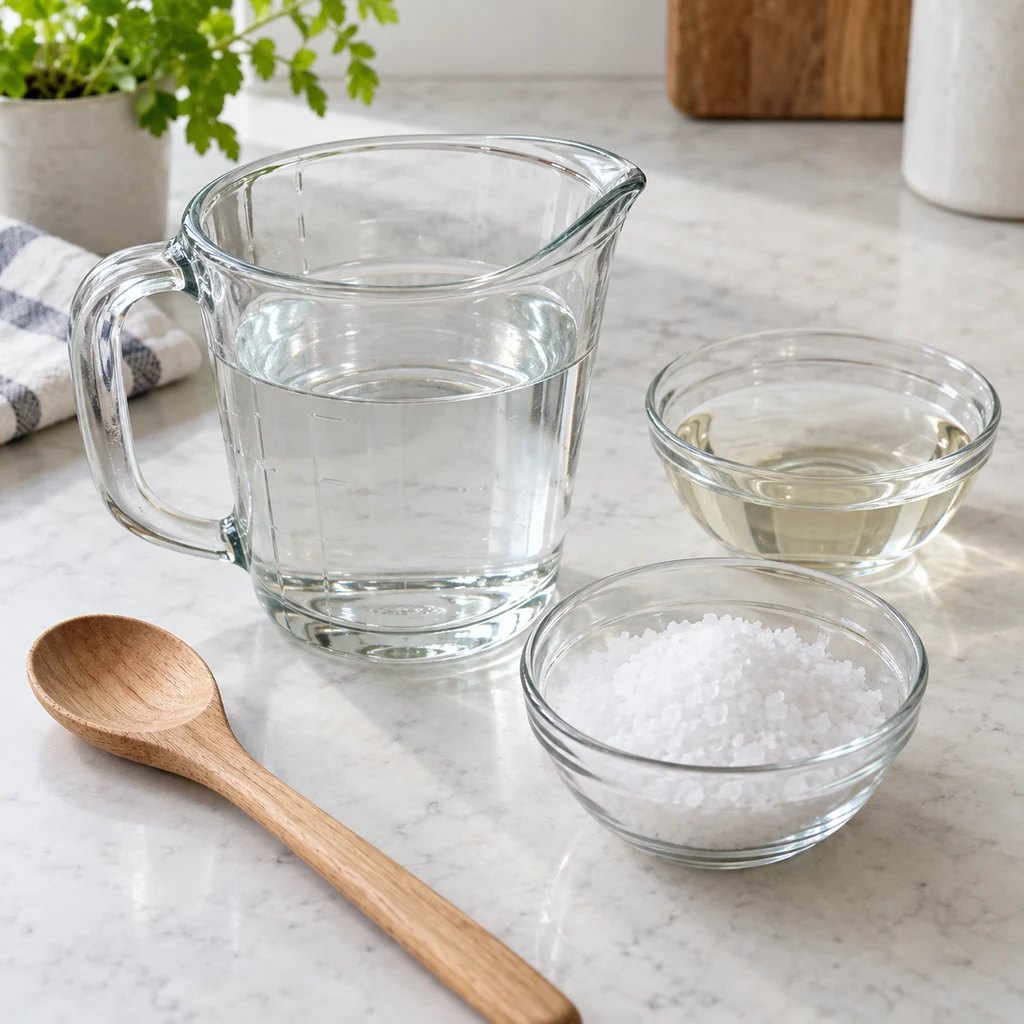 Measured water, pickling salt, and five-percent-acidity vinegar ready to become pickle brine