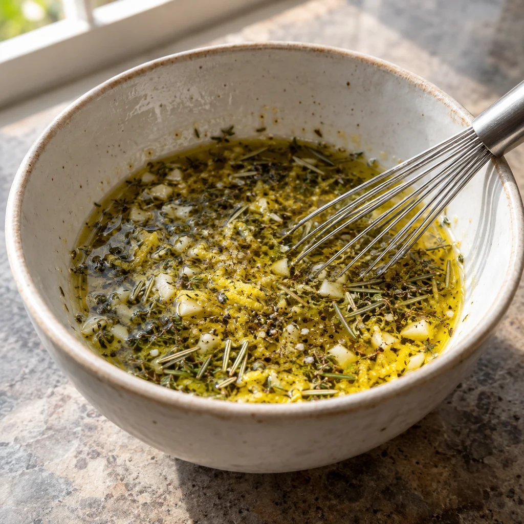 Olive oil, lemon juice and zest, garlic, thyme, rosemary, salt, and pepper whisked in a bowl