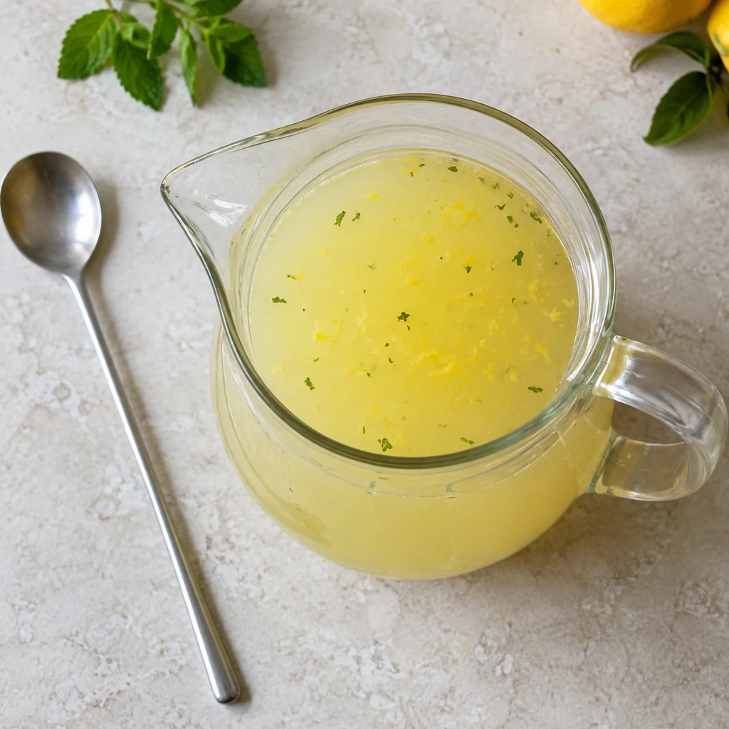 Lemon juice, honey-mint concentrate and lemon zest mixed in a clear pitcher