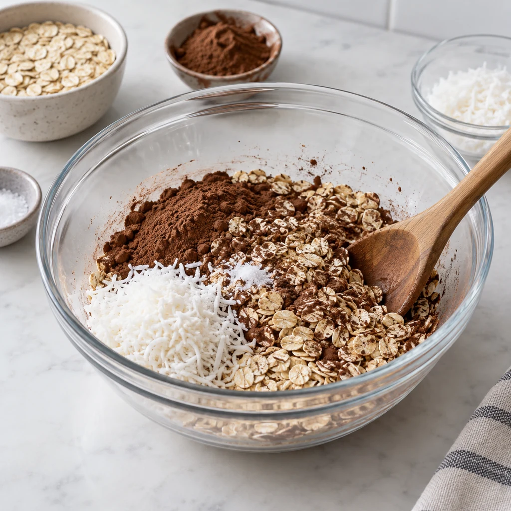 Rolled oats mixed with cocoa powder, shredded coconut and salt in a clear bowl