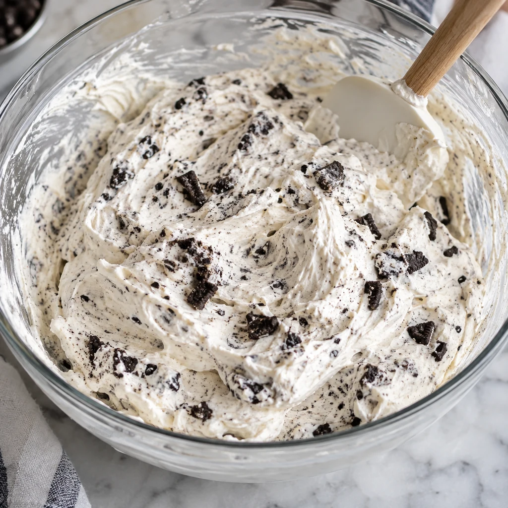 Cream cheese filling folded with whipped cream and crushed chocolate sandwich cookies