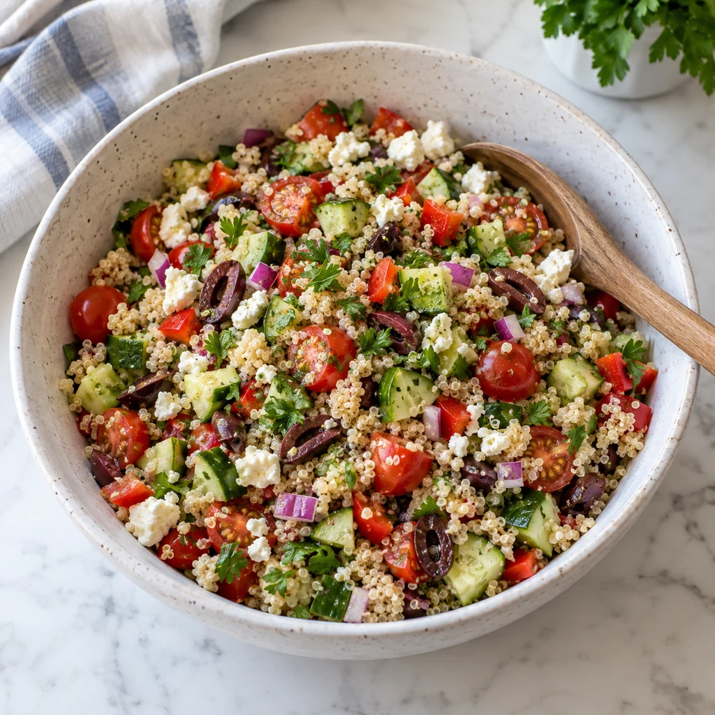 Cooled quinoa gently combined with tomatoes, cucumber, pepper, onion, olives, feta, and parsley