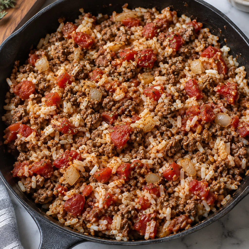 Cooked beef and rice filling with diced tomatoes and spices mixed in a skillet