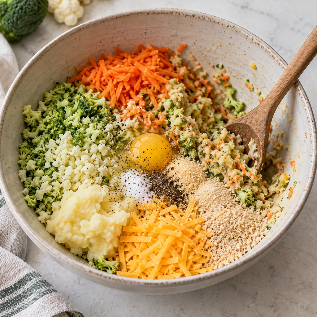 Broccoli, cauliflower, carrot, potato, breadcrumbs, cheddar, egg, and seasonings in a mixing bowl