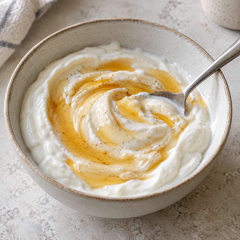 Thick Greek yogurt mixed with honey and vanilla in a ceramic bowl