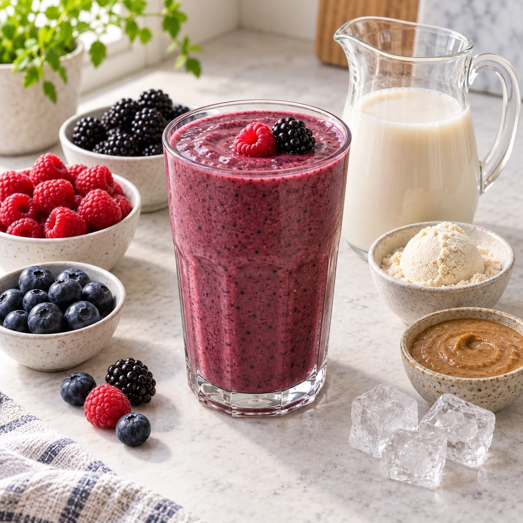Mixed berry protein smoothie with raspberries, blackberries, blueberries, oat milk, protein powder and almond butter