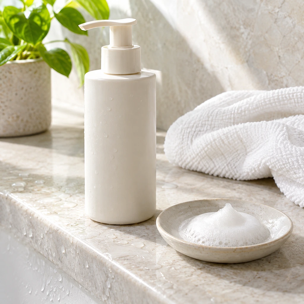 Unbranded gentle cleanser and soft foam beside a bright morning sink