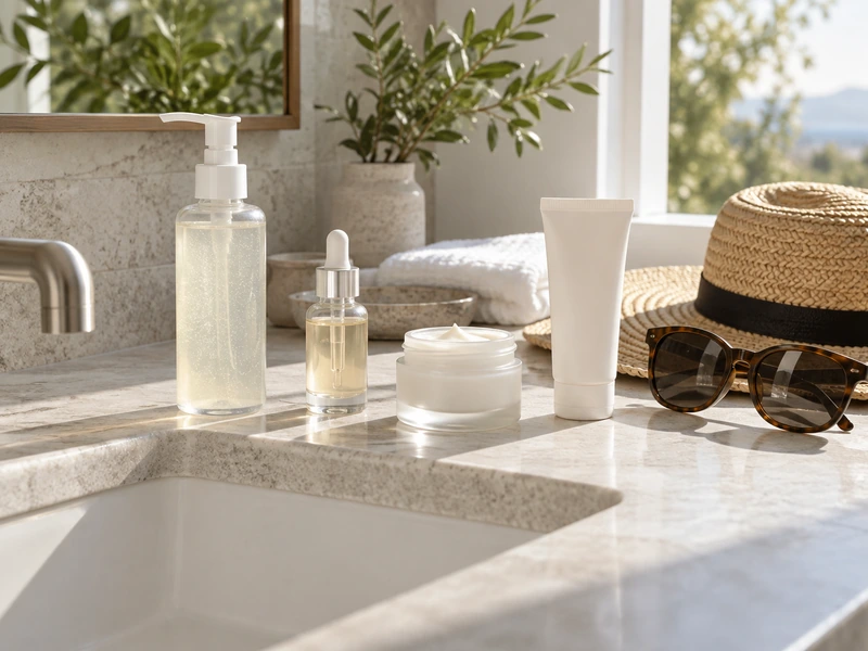 Simple morning skincare routine beside a sunlit sink