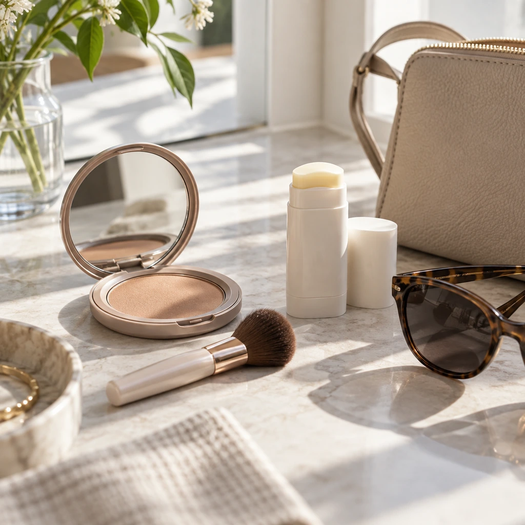 Minimal makeup, plain sunscreen stick, sunglasses, and an everyday bag