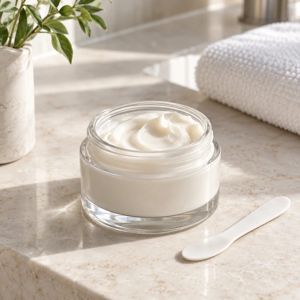 Open unbranded moisturizer jar and clean spatula in fresh morning light