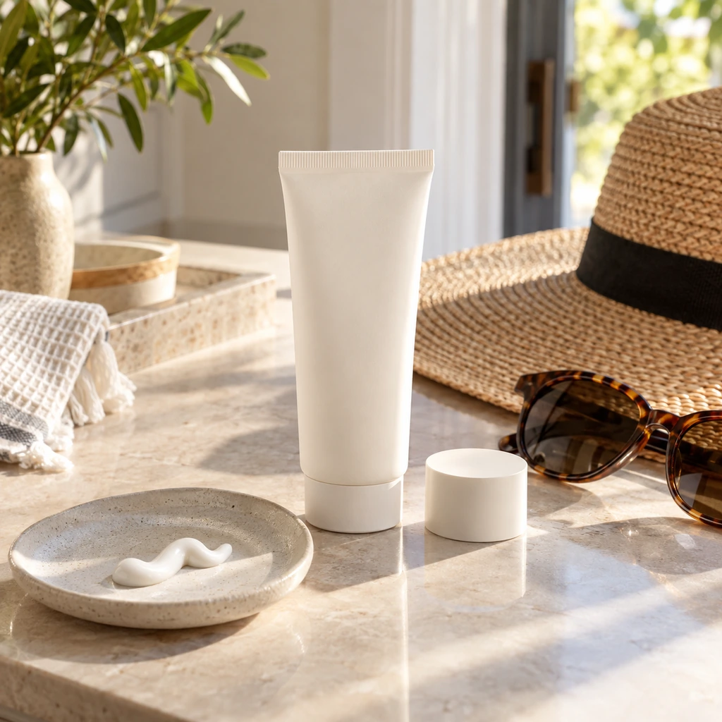 Plain sunscreen tube with a sun hat and sunglasses on a bright morning counter