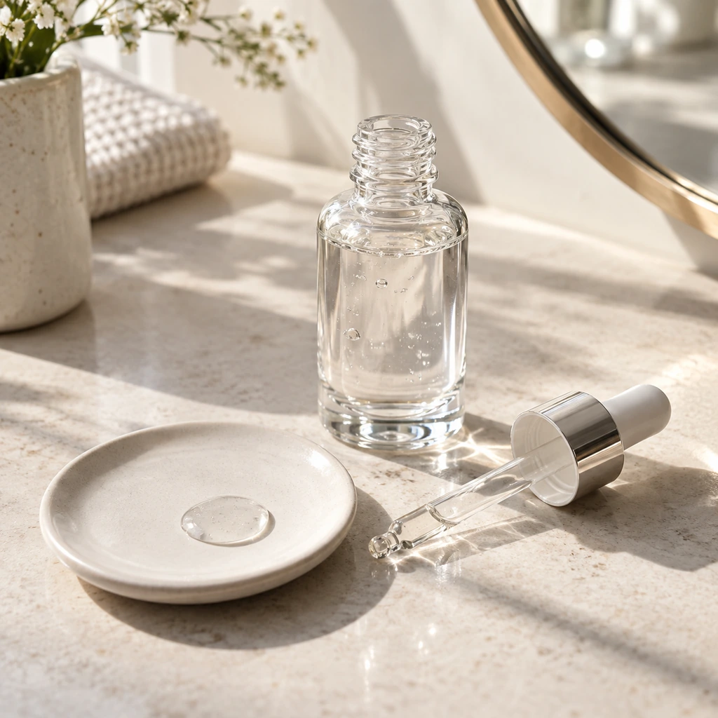 Single clear serum bottle and dropper on a sunlit bathroom vanity