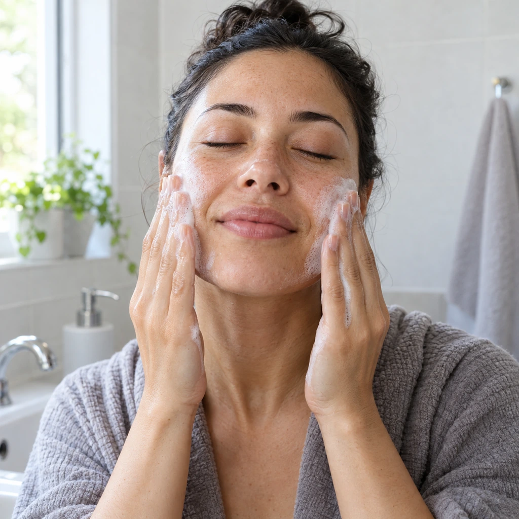 Woman gently cleansing her face with soft foam and her fingertips