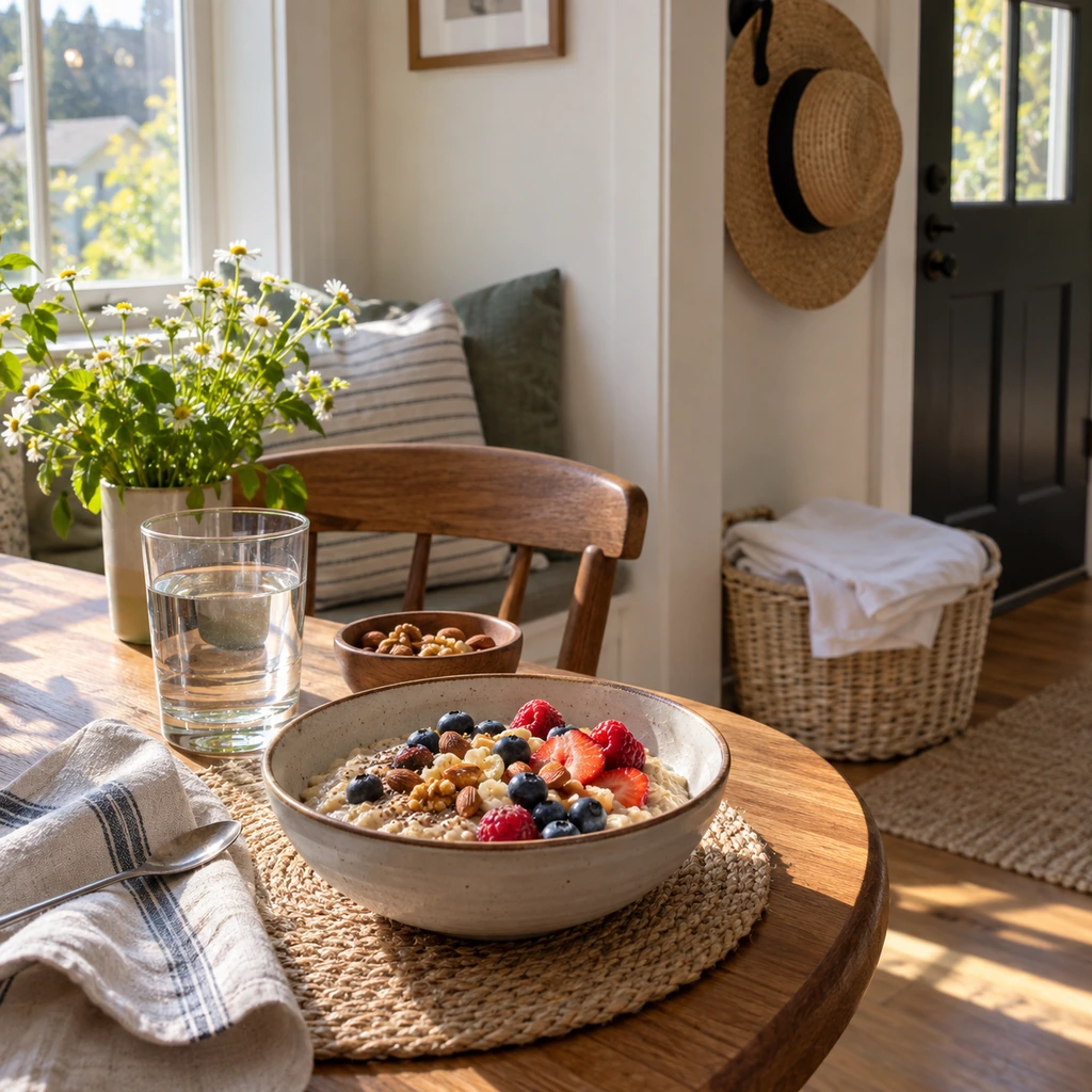 Balanced breakfast water clean pillowcase and sun hat at home