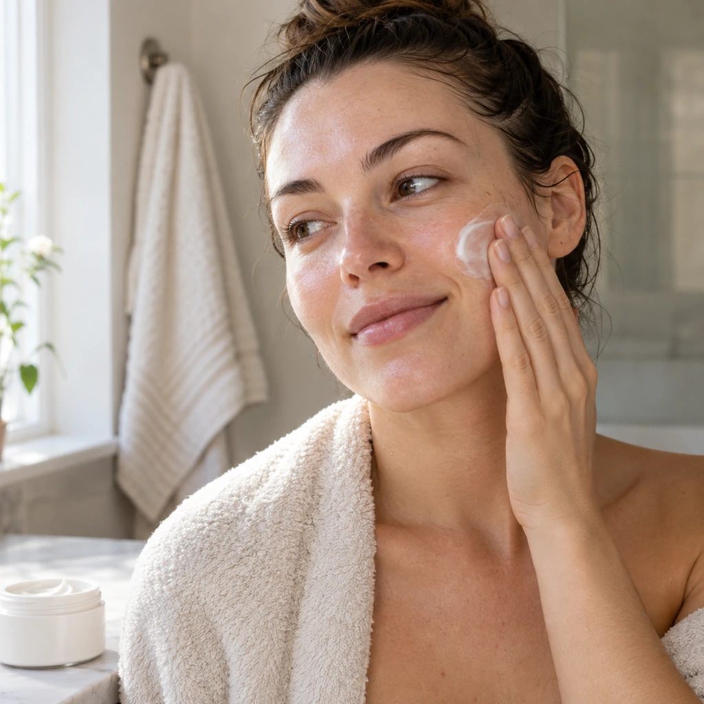 Woman pressing moisturizer into slightly damp skin with one hand