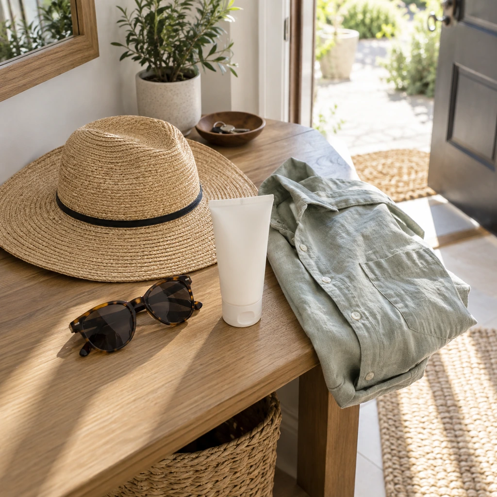 Unbranded sunscreen with a hat sunglasses and protective shirt