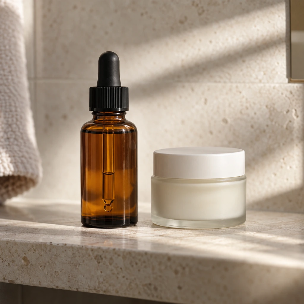 One unbranded amber serum beside a plain moisturizer jar