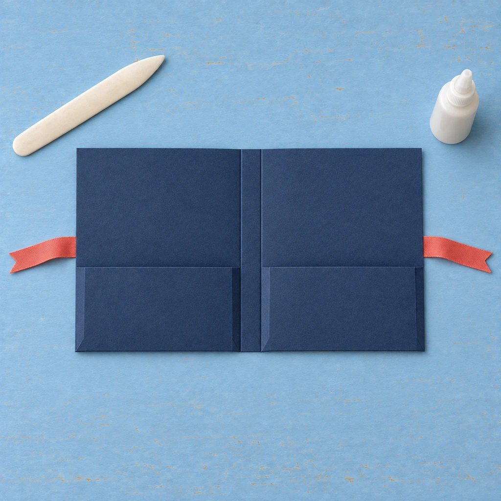 Open navy cardstock stationery folio with two glued bottom pockets and coral ribbon