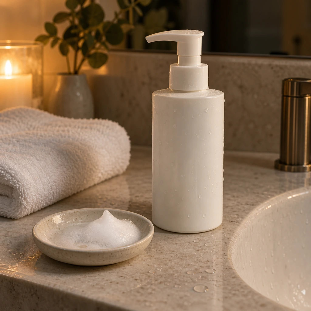 Gentle unbranded pump cleanser and soft foam beside a stone sink