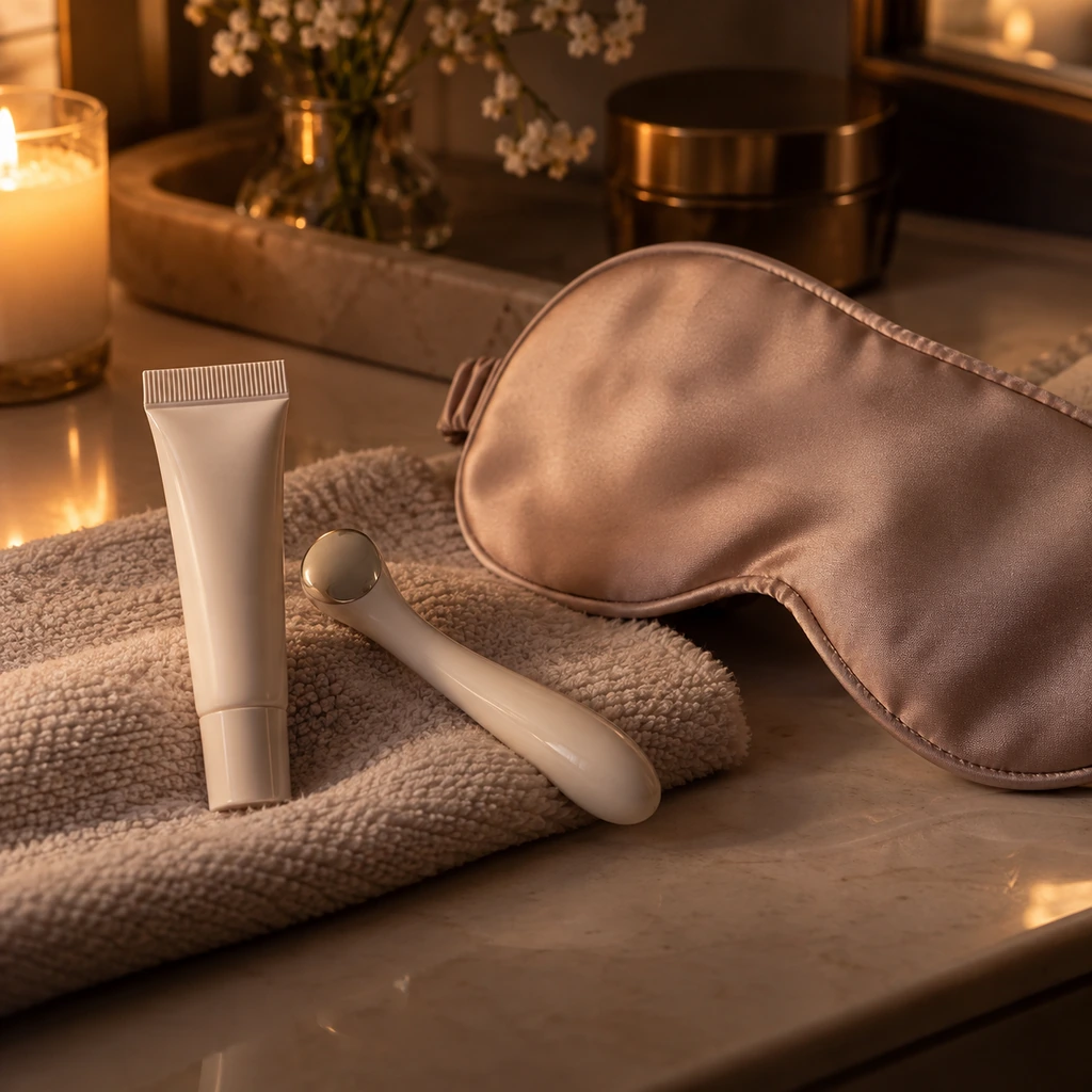 Plain eye cream tube, ceramic cooling tool, and satin sleep mask