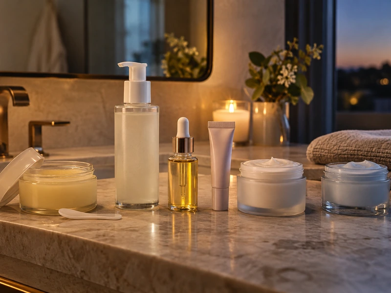 Simple evening skincare routine arranged on a warm bathroom vanity