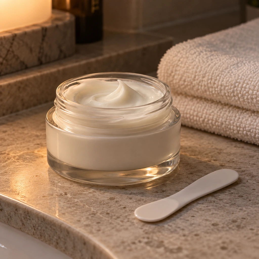 Open unbranded moisturizer jar with cream and a clean cosmetic spatula