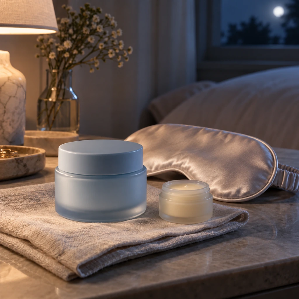 Unbranded sleeping mask jar, plain balm, and satin sleep mask on a nighttime vanity