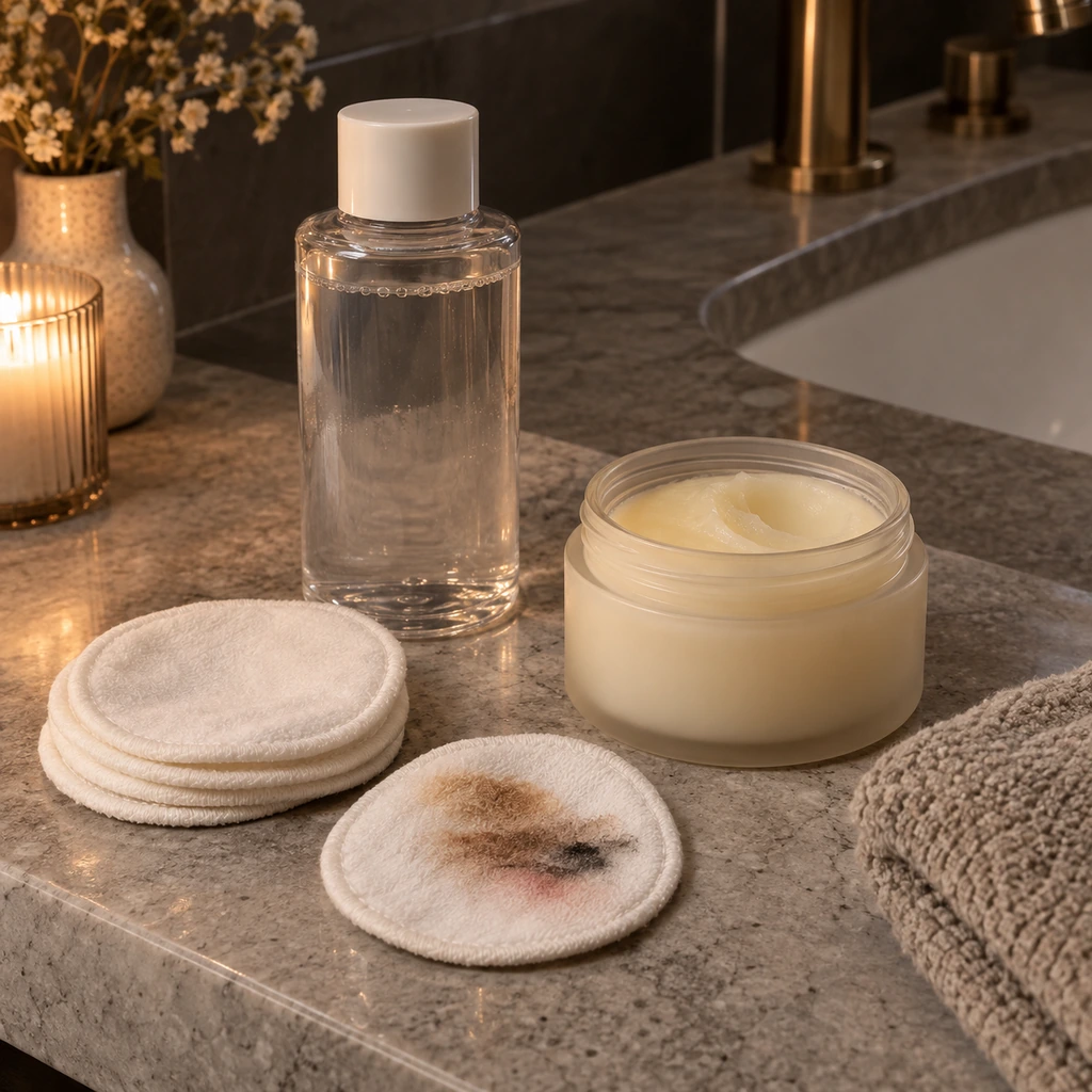 Unbranded makeup remover, cleansing balm, and reusable cotton rounds on an evening bathroom counter