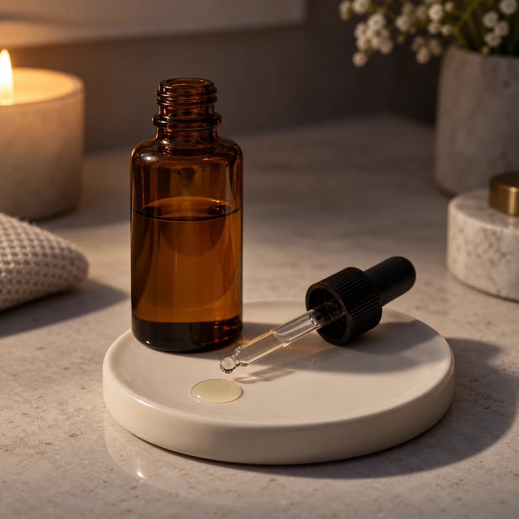 Single amber serum bottle and dropper on a clean evening vanity