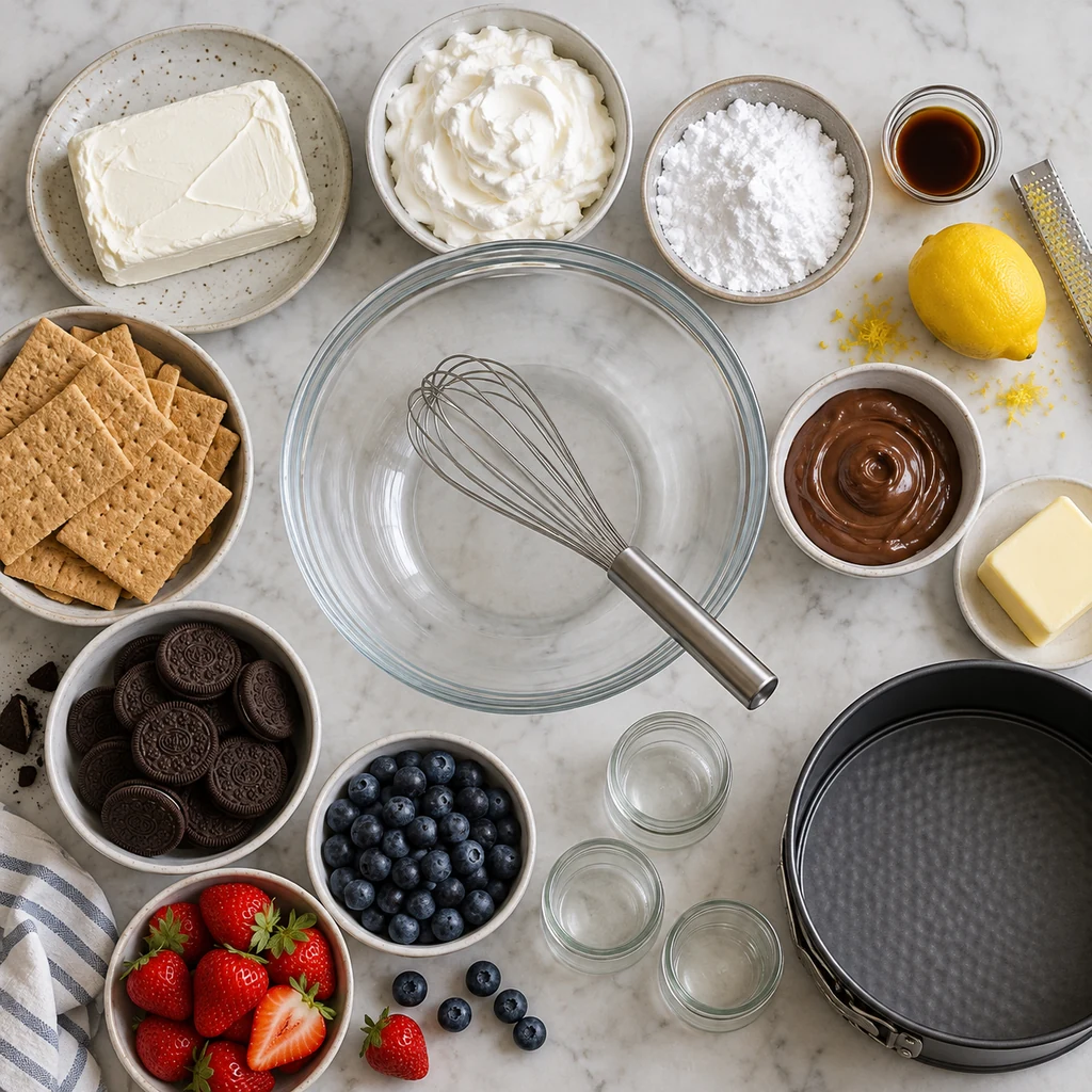 Ingredients and equipment for summer no-bake cheesecake recipes