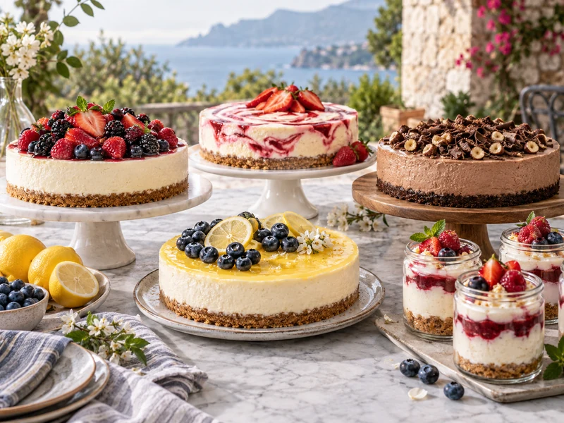 Five no-bake cheesecake ideas arranged on a summer dessert table.