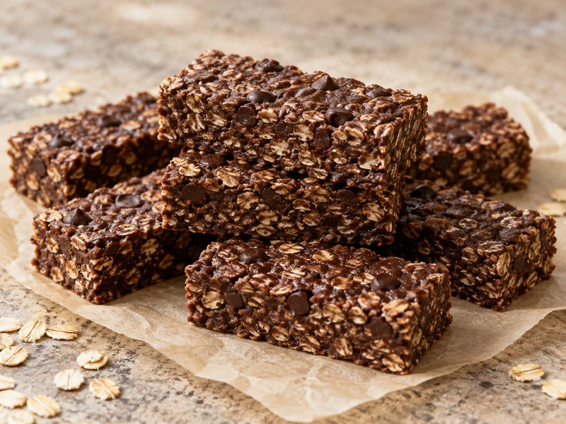 Chewy no-bake chocolate oat bars with visible rolled oats and dark chocolate chips