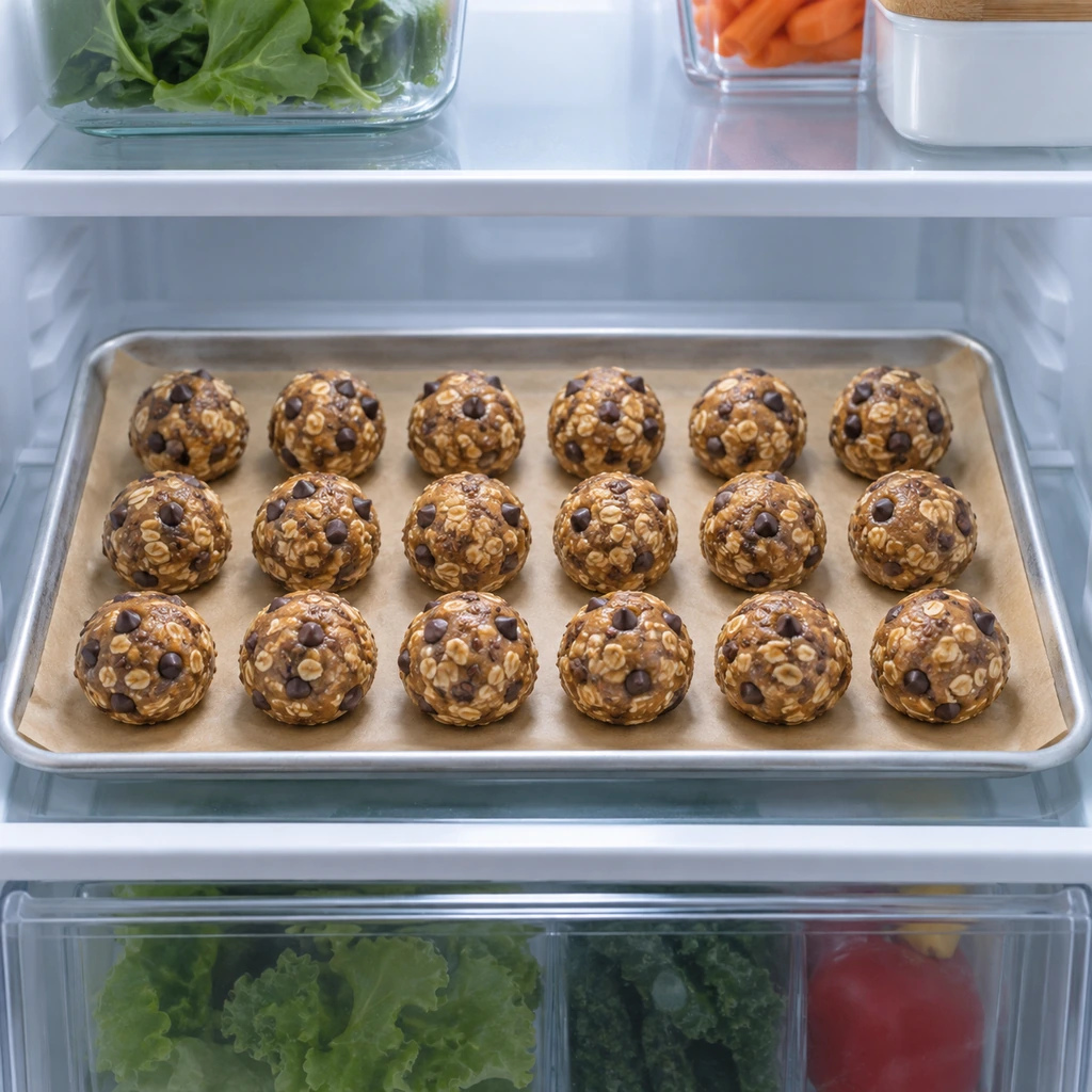 Eighteen evenly rolled oat and peanut butter energy bites chilling on a parchment-lined tray in a refrigerator