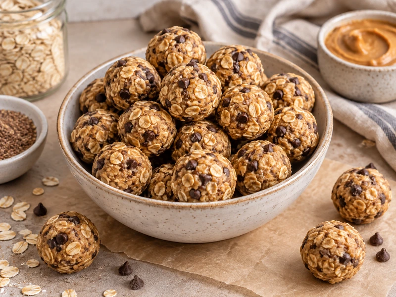 No bake oat and peanut butter energy bites with mini chocolate chips