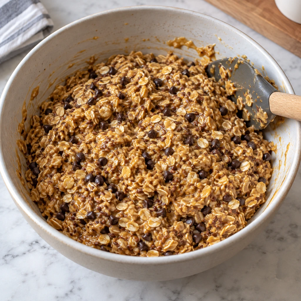 Rolled oats, peanut butter, honey, flaxseed, mini chocolate chips, vanilla, and salt mixed in a large bowl