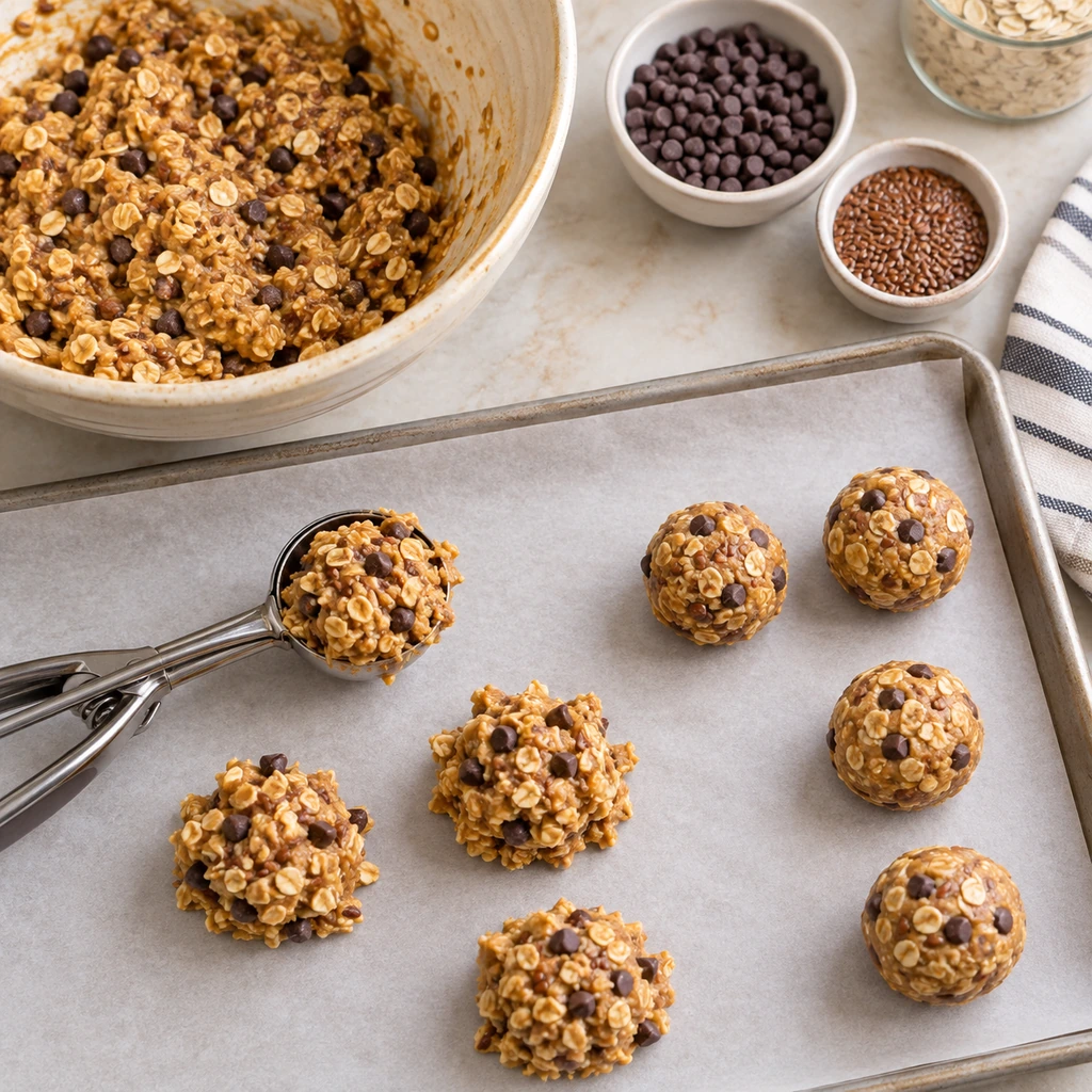 A tablespoon scoop portioning oat and peanut butter mixture into evenly sized energy bites on parchment