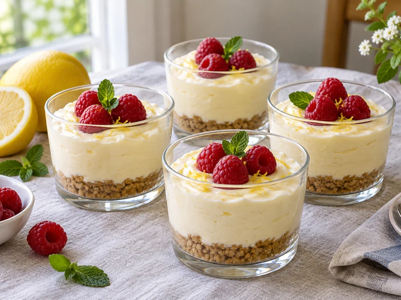 Finished no-bake lemon cheesecake cups with biscuit bases, berries and mint