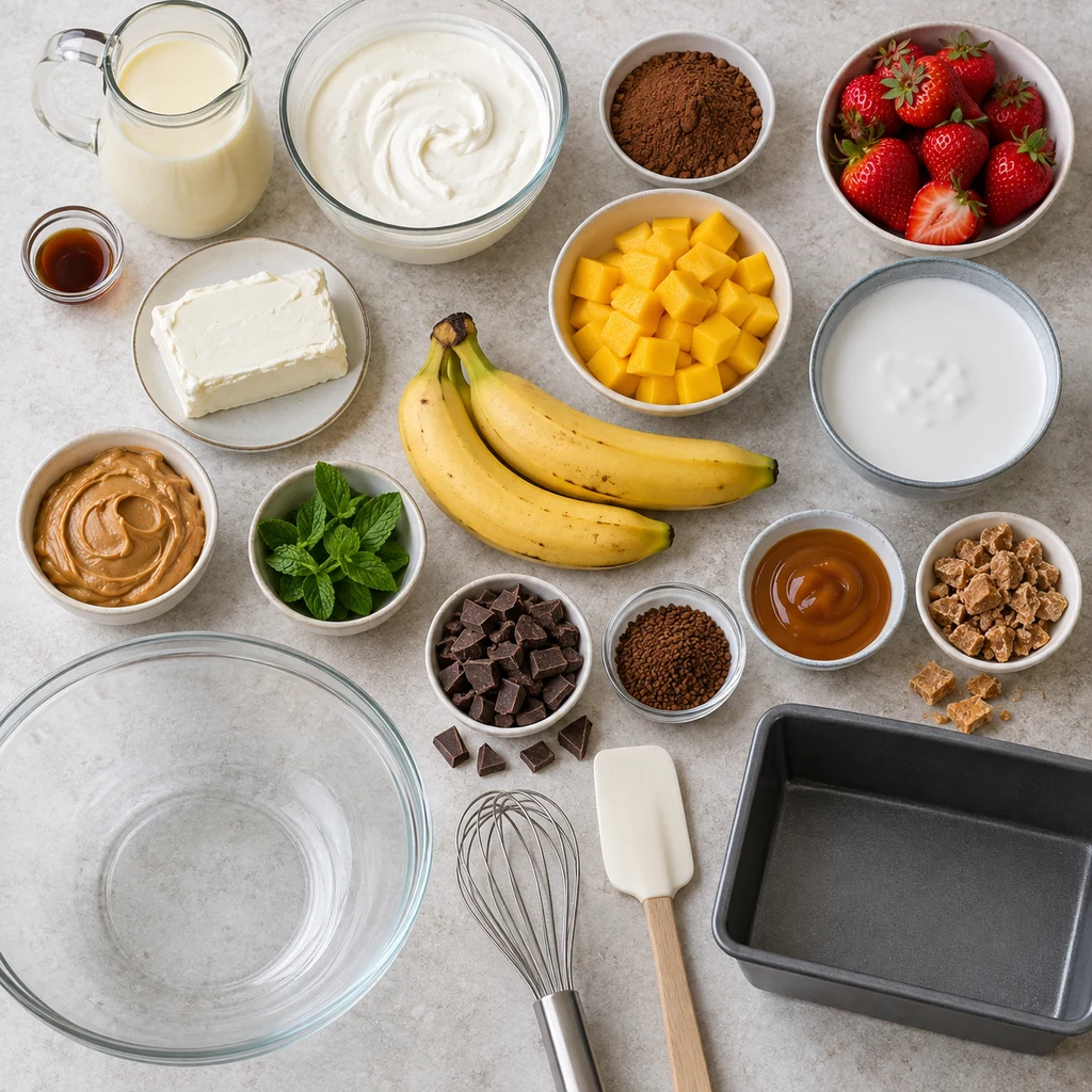 Ingredients and equipment for homemade no-churn ice cream recipes