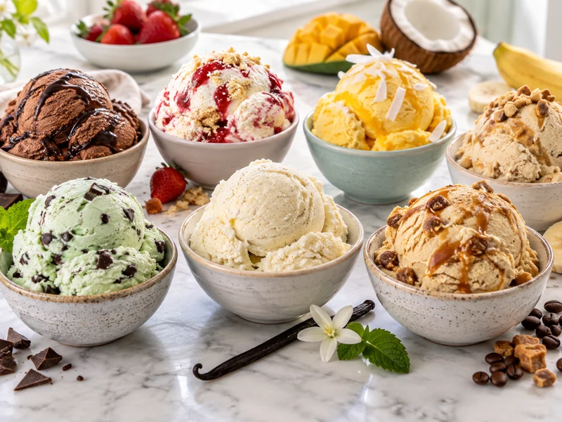 Seven homemade no-churn ice cream flavors arranged in ceramic bowls.