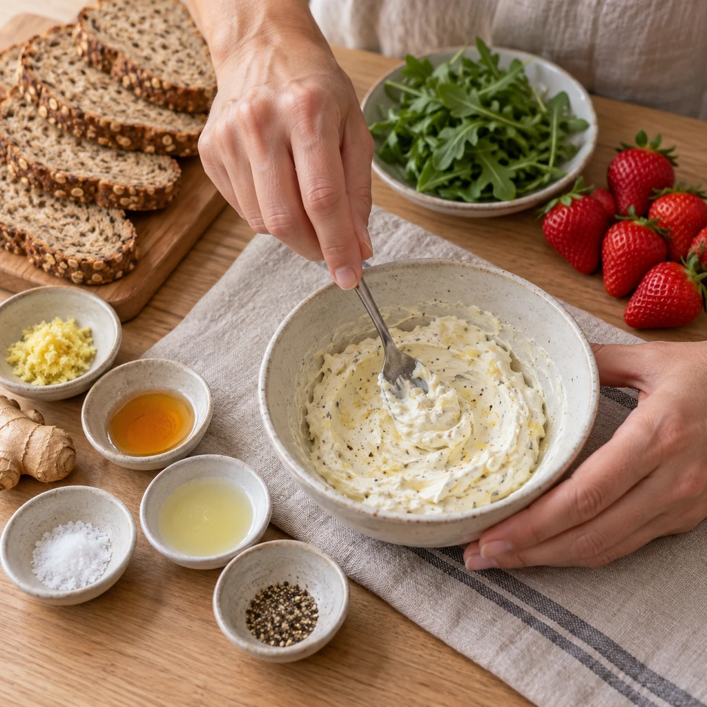 Fresh ginger, honey, lemon, salt, and pepper being stirred into softened cream cheese in a bowl