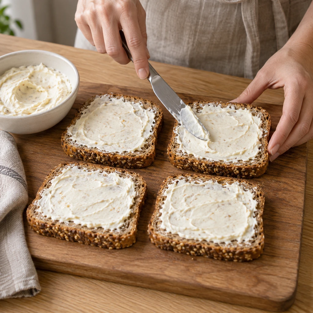 Exactly four seeded bread slices coated edge to edge with ginger cream cheese