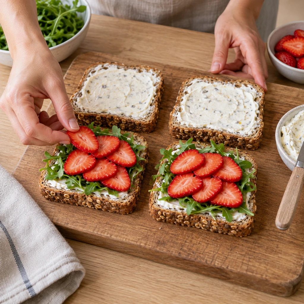 Two seeded bread slices layered with arugula and thin strawberry slices beside two spread top slices
