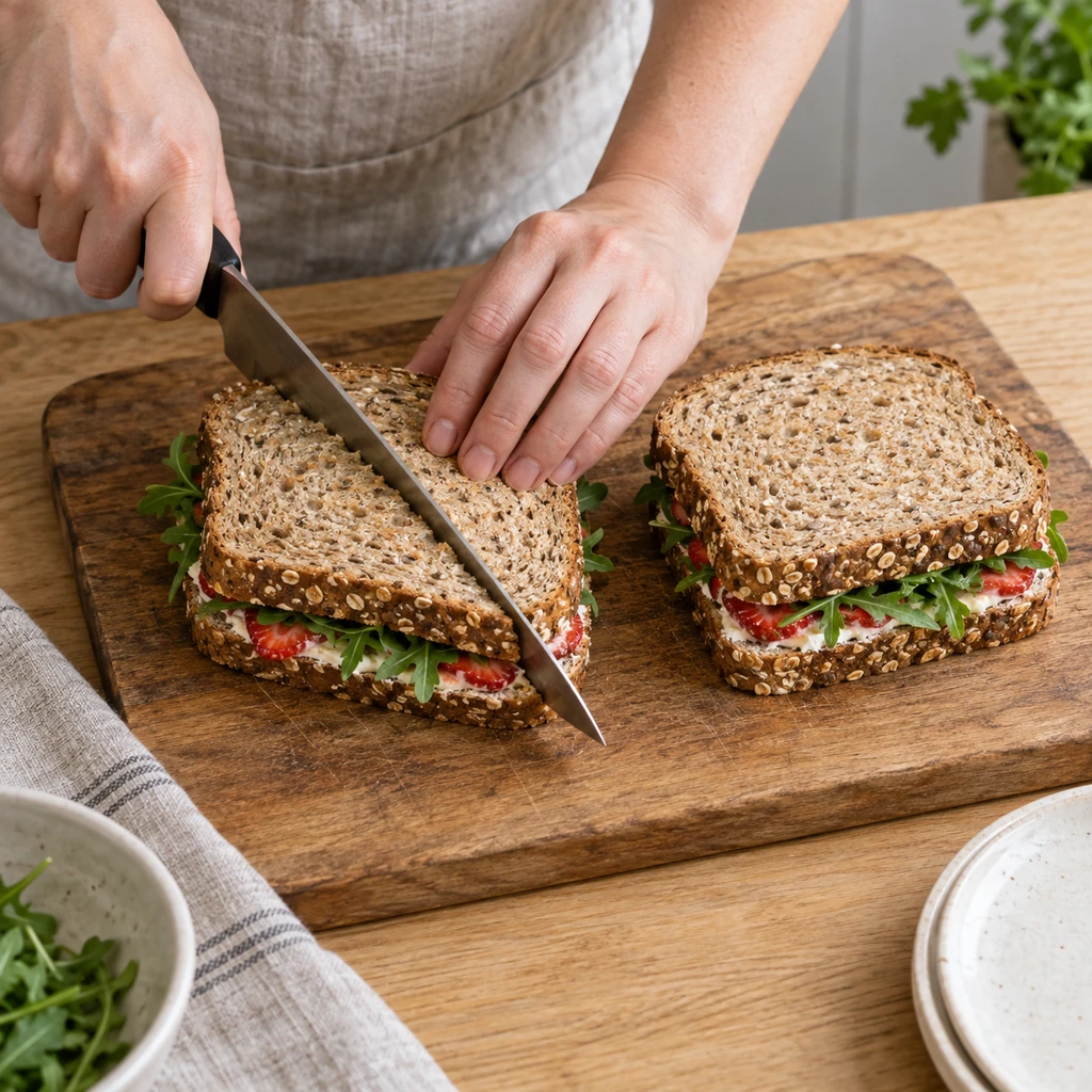 One of two closed strawberry arugula sandwiches being cut diagonally with a serrated knife