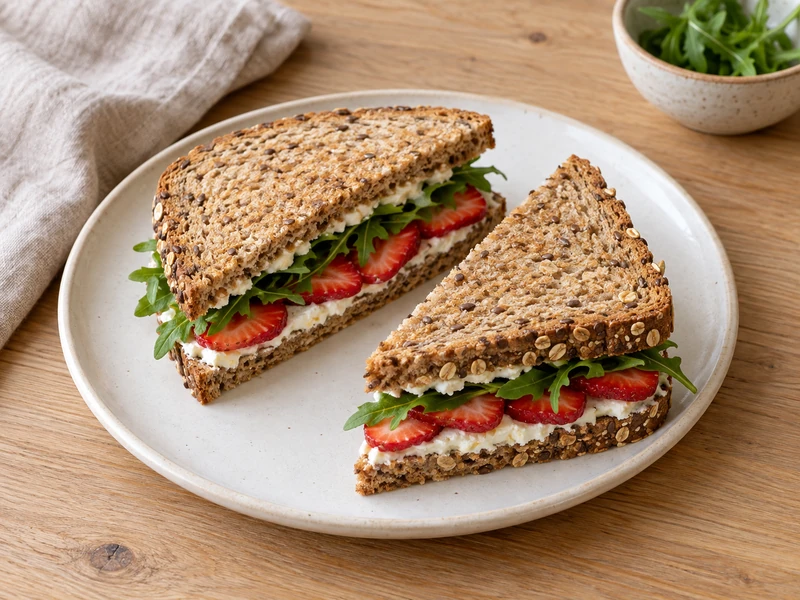 Two halves of a strawberry arugula sandwich with ginger cream cheese on seeded bread