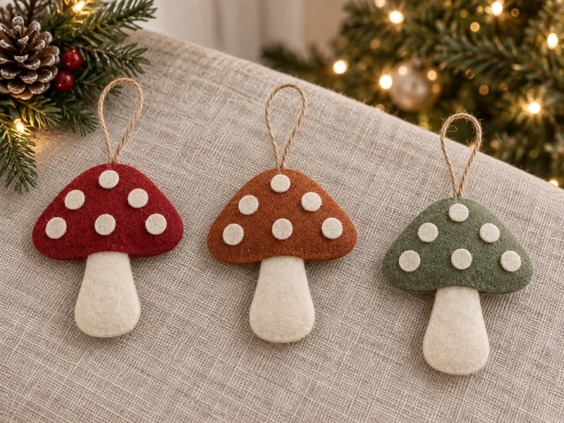 Three finished no-sew felt mushroom ornaments in red, rust, and sage