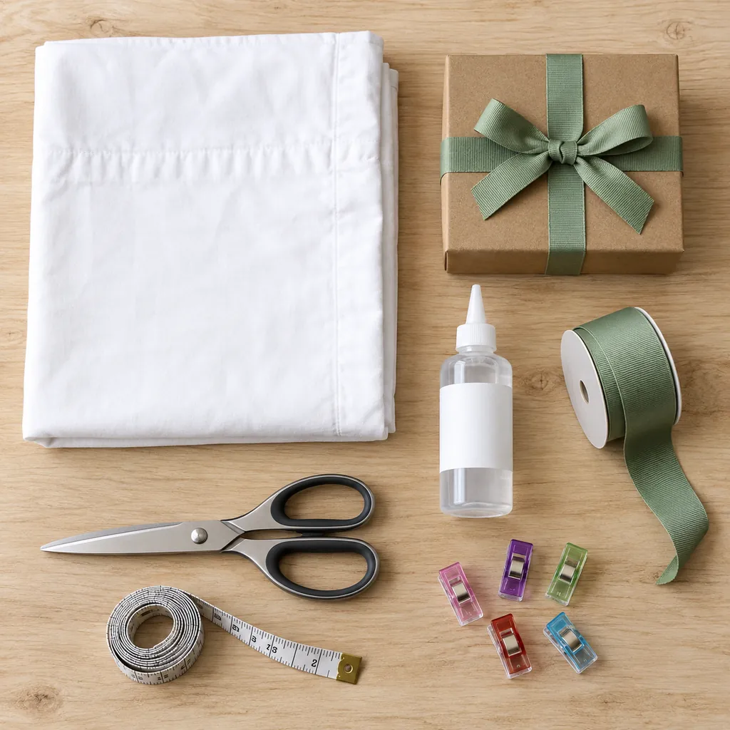 Cotton pillowcase gift box fabric glue ribbon scissors measuring tape and sewing clips