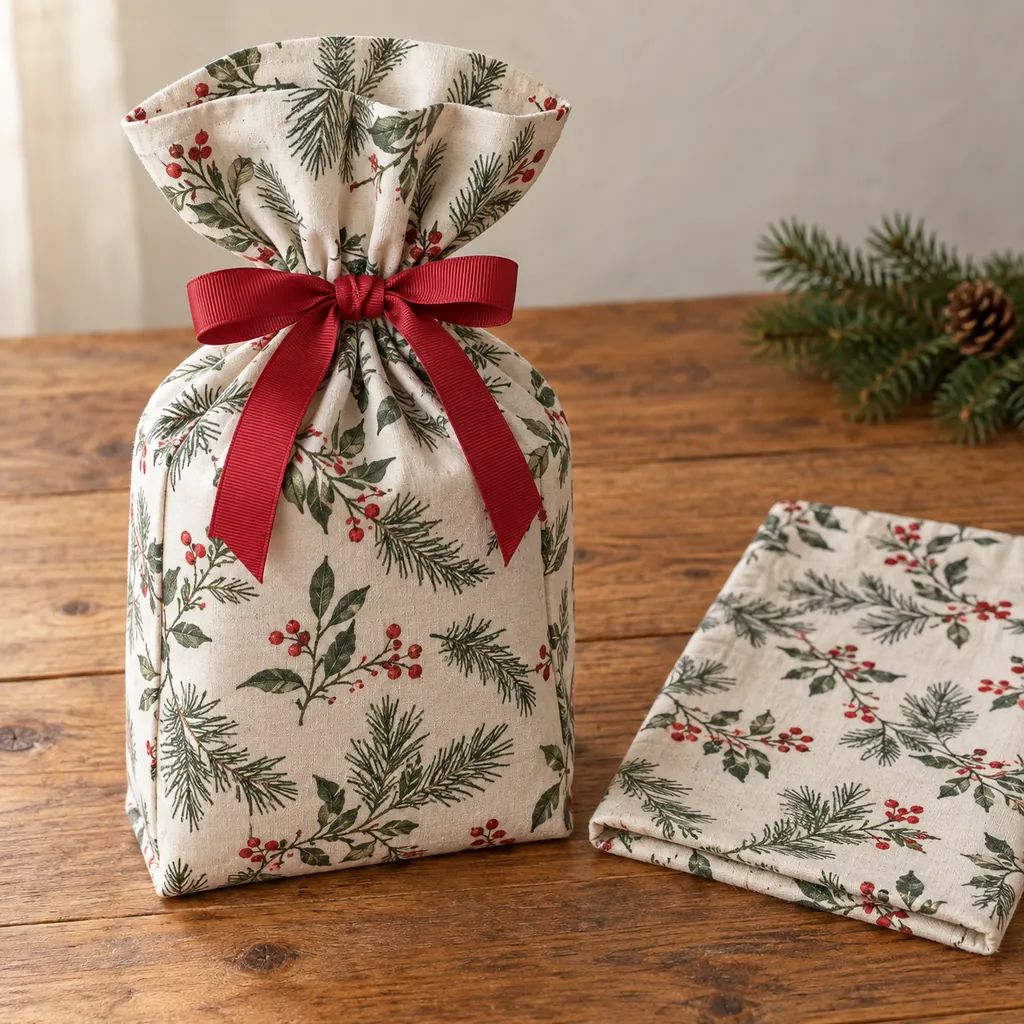 Finished fabric gift bag gathered around a box with ribbon beside a second bag folded flat